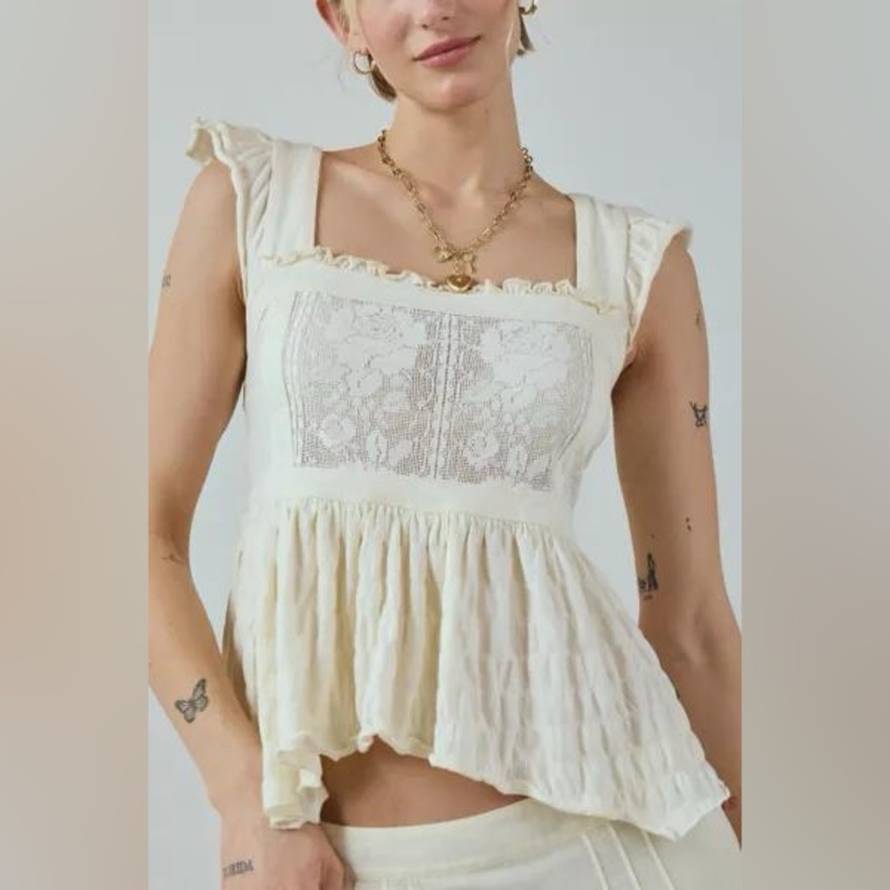Urban Outfitters UO Kimchi Blue Olive Bow Tie-Back Babydoll Blouse Ivory - Picture 3 of 3